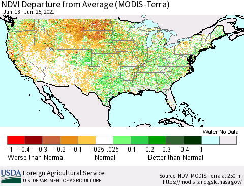 United States NDVI Departure from Average (Terra-MODIS) Thematic Map For 6/21/2021 - 6/30/2021