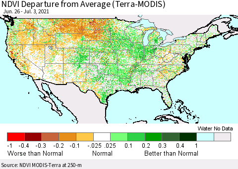 United States NDVI Departure from Average (Terra-MODIS) Thematic Map For 6/26/2021 - 7/3/2021