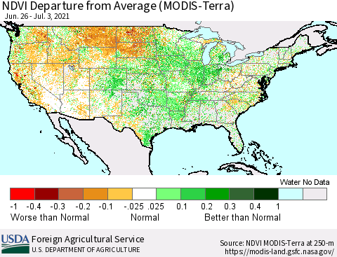 United States NDVI Departure from Average (Terra-MODIS) Thematic Map For 7/1/2021 - 7/10/2021