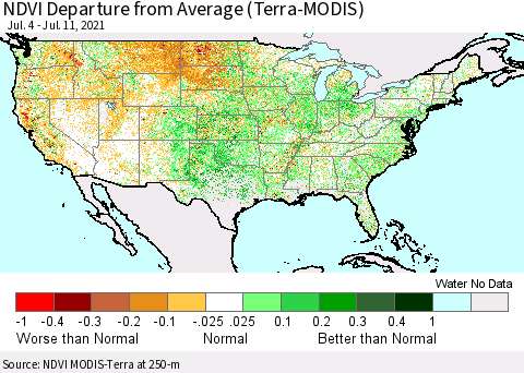 United States NDVI Departure from Average (Terra-MODIS) Thematic Map For 7/4/2021 - 7/11/2021