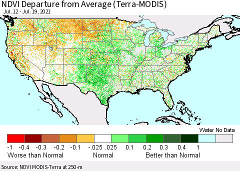 United States NDVI Departure from Average (Terra-MODIS) Thematic Map For 7/12/2021 - 7/19/2021