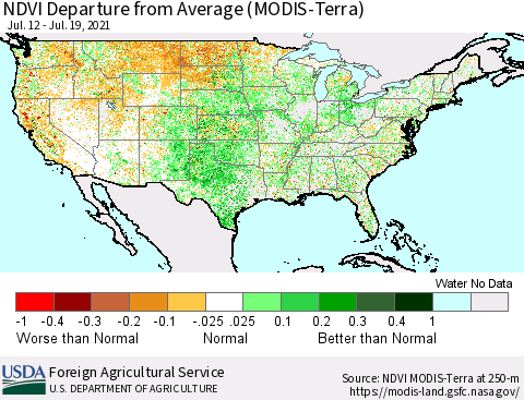 United States NDVI Departure from Average (Terra-MODIS) Thematic Map For 7/11/2021 - 7/20/2021