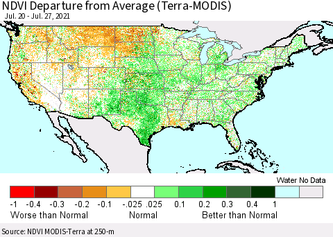 United States NDVI Departure from Average (Terra-MODIS) Thematic Map For 7/20/2021 - 7/27/2021