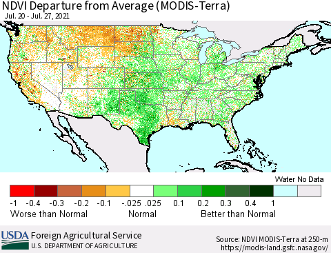 United States NDVI Departure from Average (MODIS-Terra) Thematic Map For 7/21/2021 - 7/31/2021