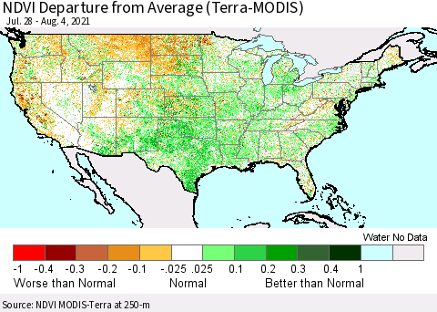 United States NDVI Departure from Average (Terra-MODIS) Thematic Map For 7/28/2021 - 8/4/2021