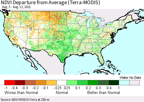 United States NDVI Departure from Average (Terra-MODIS) Thematic Map For 8/5/2021 - 8/12/2021