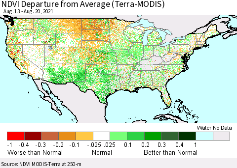 United States NDVI Departure from Average (Terra-MODIS) Thematic Map For 8/11/2021 - 8/20/2021