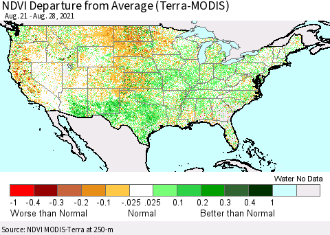 United States NDVI Departure from Average (Terra-MODIS) Thematic Map For 8/21/2021 - 8/28/2021