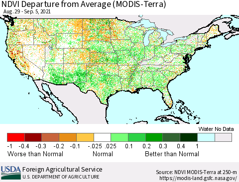 United States NDVI Departure from Average (Terra-MODIS) Thematic Map For 9/1/2021 - 9/10/2021