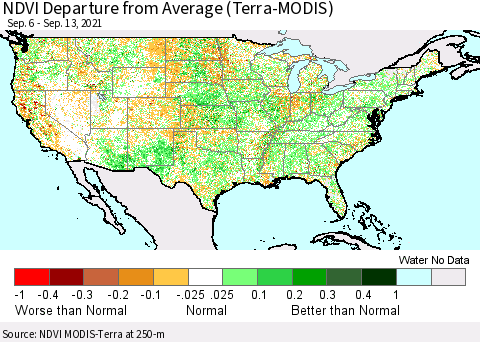 United States NDVI Departure from Average (Terra-MODIS) Thematic Map For 9/6/2021 - 9/13/2021