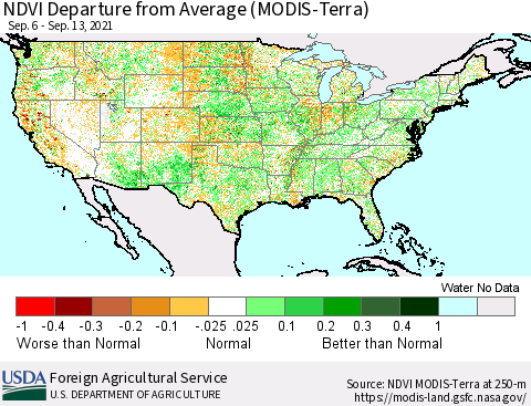 United States NDVI Departure from Average (Terra-MODIS) Thematic Map For 9/11/2021 - 9/20/2021