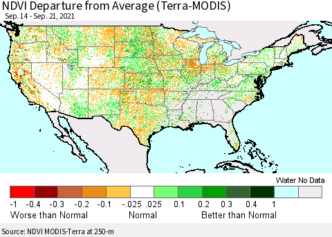 United States NDVI Departure from Average (Terra-MODIS) Thematic Map For 9/14/2021 - 9/21/2021