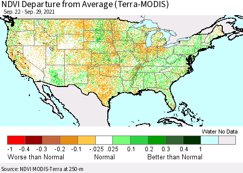 United States NDVI Departure from Average (Terra-MODIS) Thematic Map For 9/22/2021 - 9/29/2021