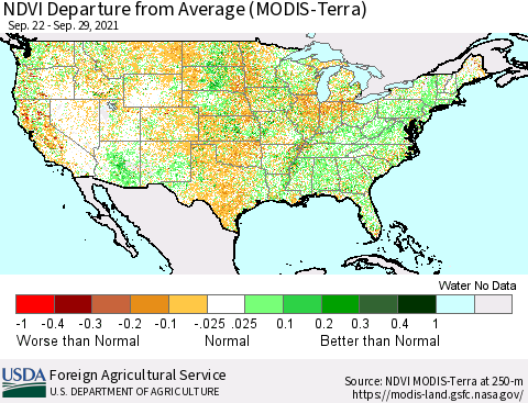 United States NDVI Departure from Average (Terra-MODIS) Thematic Map For 9/21/2021 - 9/30/2021