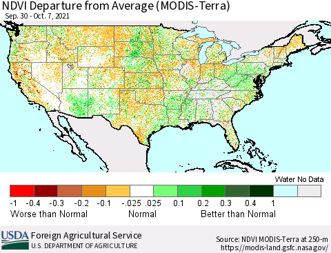 United States NDVI Departure from Average (Terra-MODIS) Thematic Map For 10/1/2021 - 10/10/2021
