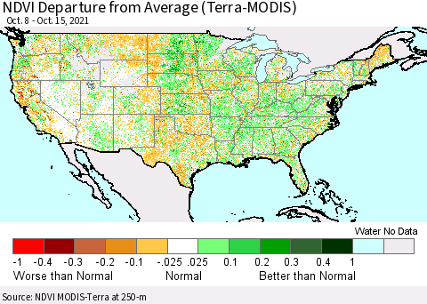 United States NDVI Departure from Average (Terra-MODIS) Thematic Map For 10/8/2021 - 10/15/2021
