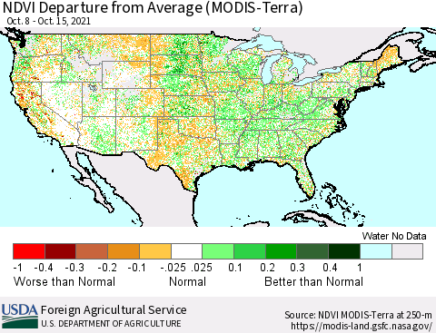 United States NDVI Departure from Average (Terra-MODIS) Thematic Map For 10/11/2021 - 10/20/2021