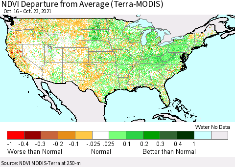 United States NDVI Departure from Average (Terra-MODIS) Thematic Map For 10/16/2021 - 10/23/2021