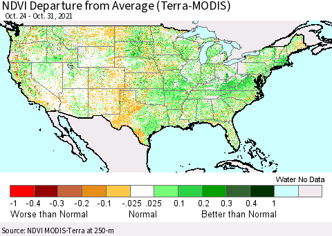 United States NDVI Departure from Average (Terra-MODIS) Thematic Map For 10/21/2021 - 10/31/2021