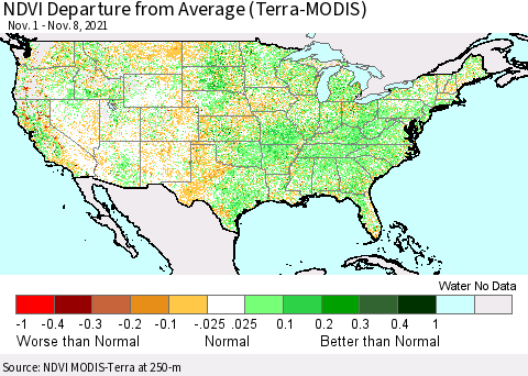 United States NDVI Departure from Average (Terra-MODIS) Thematic Map For 11/1/2021 - 11/8/2021