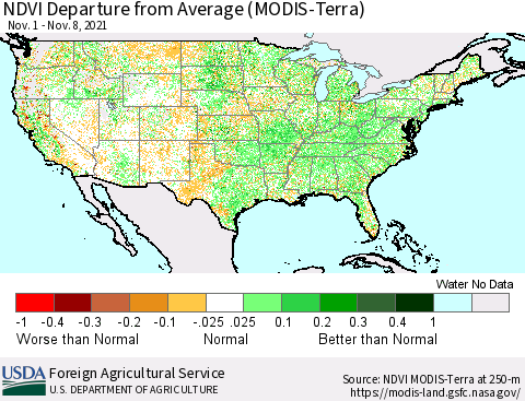 United States NDVI Departure from Average (Terra-MODIS) Thematic Map For 11/1/2021 - 11/10/2021