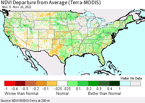 United States NDVI Departure from Average (Terra-MODIS) Thematic Map For 11/9/2021 - 11/16/2021