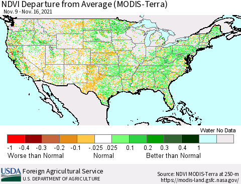United States NDVI Departure from Average (Terra-MODIS) Thematic Map For 11/11/2021 - 11/20/2021