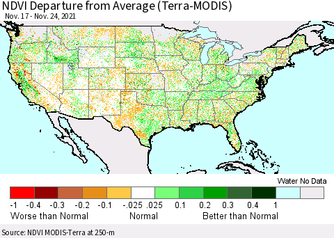 United States NDVI Departure from Average (Terra-MODIS) Thematic Map For 11/17/2021 - 11/24/2021