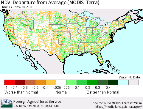 United States NDVI Departure from Average (Terra-MODIS) Thematic Map For 11/21/2021 - 11/30/2021