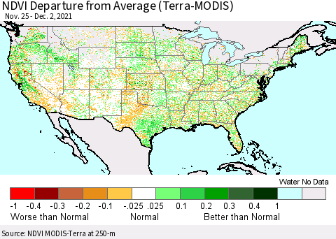 United States NDVI Departure from Average (Terra-MODIS) Thematic Map For 11/25/2021 - 12/2/2021