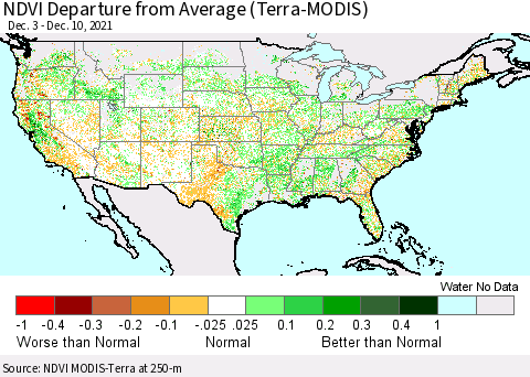 United States NDVI Departure from Average (Terra-MODIS) Thematic Map For 12/1/2021 - 12/10/2021