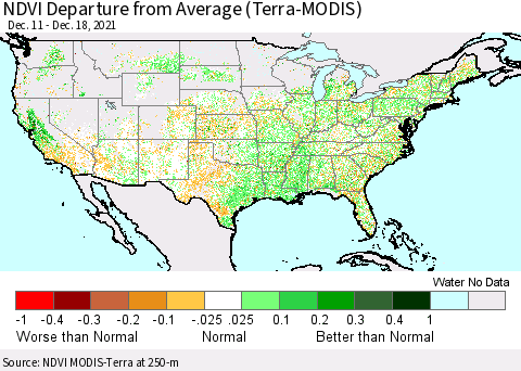 United States NDVI Departure from Average (Terra-MODIS) Thematic Map For 12/11/2021 - 12/18/2021
