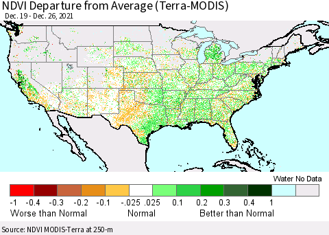 United States NDVI Departure from Average (Terra-MODIS) Thematic Map For 12/19/2021 - 12/26/2021