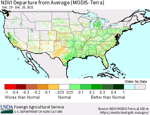 United States NDVI Departure from Average (Terra-MODIS) Thematic Map For 12/21/2021 - 12/31/2021
