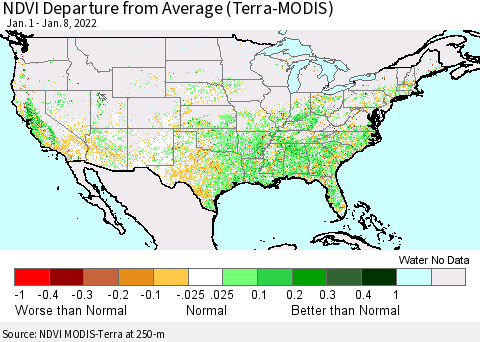 United States NDVI Departure from Average (Terra-MODIS) Thematic Map For 1/1/2022 - 1/8/2022