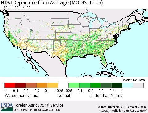 United States NDVI Departure from Average (Terra-MODIS) Thematic Map For 1/1/2022 - 1/10/2022