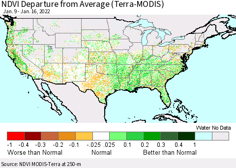 United States NDVI Departure from Average (Terra-MODIS) Thematic Map For 1/9/2022 - 1/16/2022