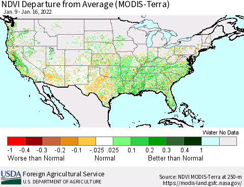 United States NDVI Departure from Average (Terra-MODIS) Thematic Map For 1/11/2022 - 1/20/2022