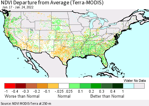 United States NDVI Departure from Average (Terra-MODIS) Thematic Map For 1/17/2022 - 1/24/2022