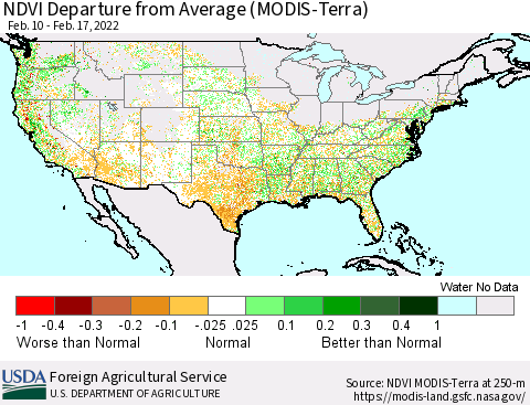 United States NDVI Departure from Average (Terra-MODIS) Thematic Map For 2/11/2022 - 2/20/2022