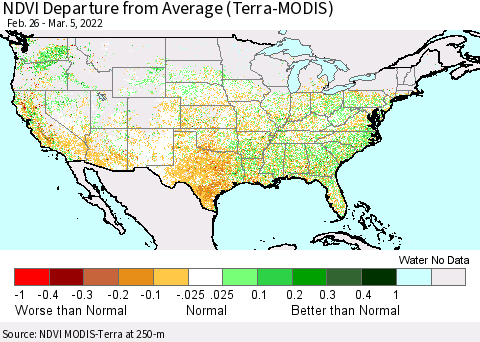 United States NDVI Departure from Average (Terra-MODIS) Thematic Map For 2/26/2022 - 3/5/2022