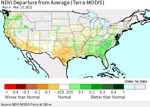 United States NDVI Departure from Average (Terra-MODIS) Thematic Map For 3/6/2022 - 3/13/2022