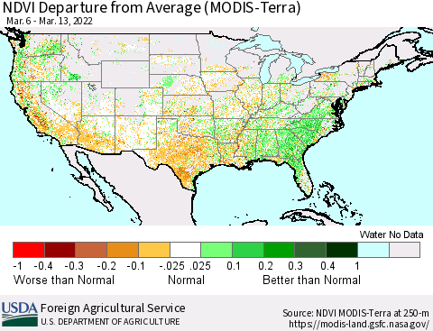 United States NDVI Departure from Average (Terra-MODIS) Thematic Map For 3/11/2022 - 3/20/2022