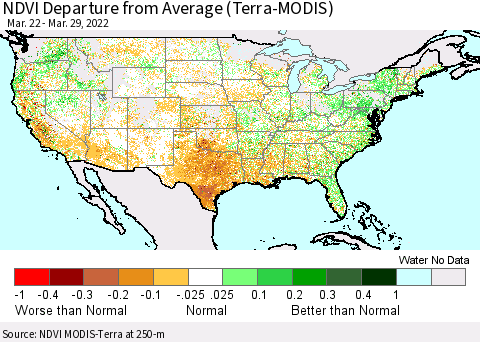 United States NDVI Departure from Average (Terra-MODIS) Thematic Map For 3/22/2022 - 3/29/2022