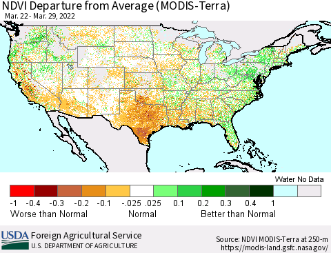 United States NDVI Departure from Average (Terra-MODIS) Thematic Map For 3/21/2022 - 3/31/2022