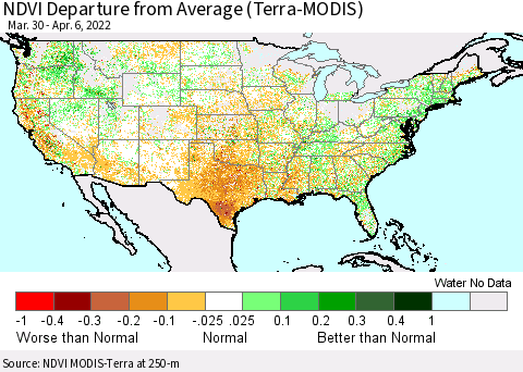United States NDVI Departure from Average (Terra-MODIS) Thematic Map For 3/30/2022 - 4/6/2022