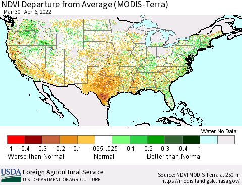 United States NDVI Departure from Average (Terra-MODIS) Thematic Map For 4/1/2022 - 4/10/2022