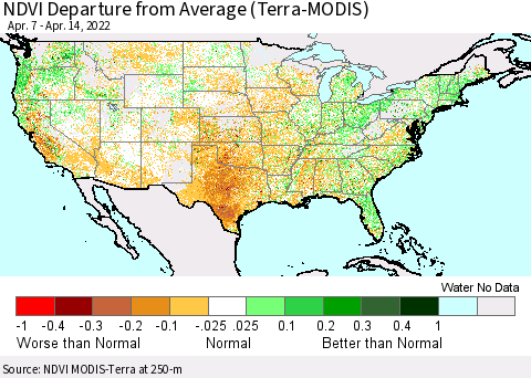United States NDVI Departure from Average (Terra-MODIS) Thematic Map For 4/7/2022 - 4/14/2022