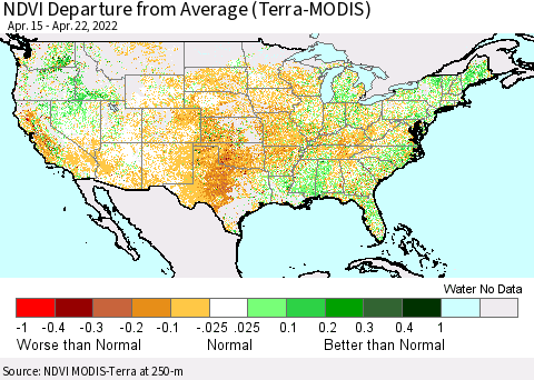 United States NDVI Departure from Average (Terra-MODIS) Thematic Map For 4/15/2022 - 4/22/2022