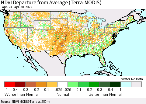 United States NDVI Departure from Average (Terra-MODIS) Thematic Map For 4/21/2022 - 4/30/2022